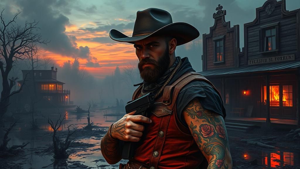 Cyberpunk Gunslinger in Dystopian West as Gouache Painting