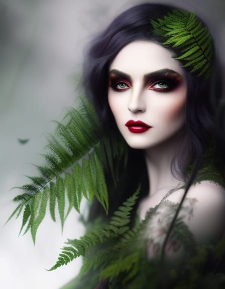 Gothic Woman with Ferns in Dark Forest