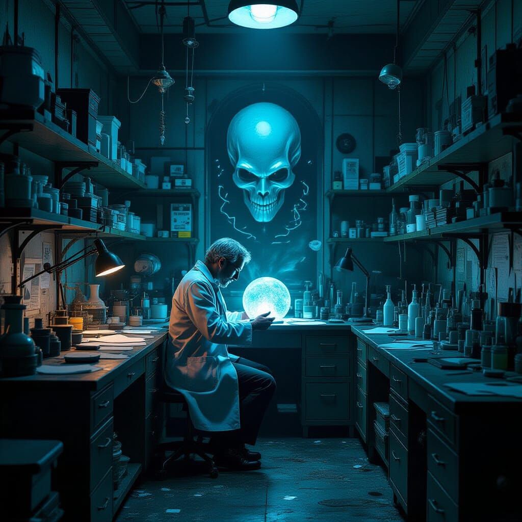 Surreal Genius in Dimly Lit Laboratory