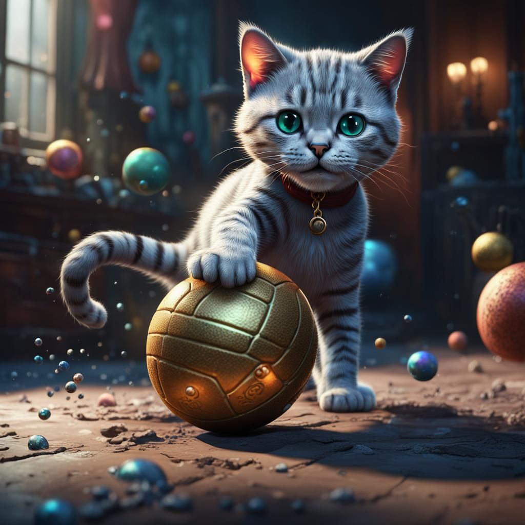 Cute Cat Playing Ball in Detailed Fantasy Art