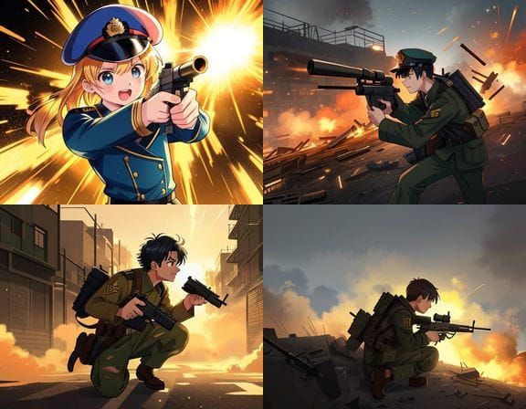 Anime-Style British Soldier Engages Enemy with Rifle Fire