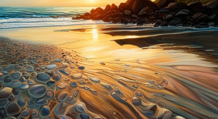 Hyperrealistic Sea Glass Beach at Golden Hour