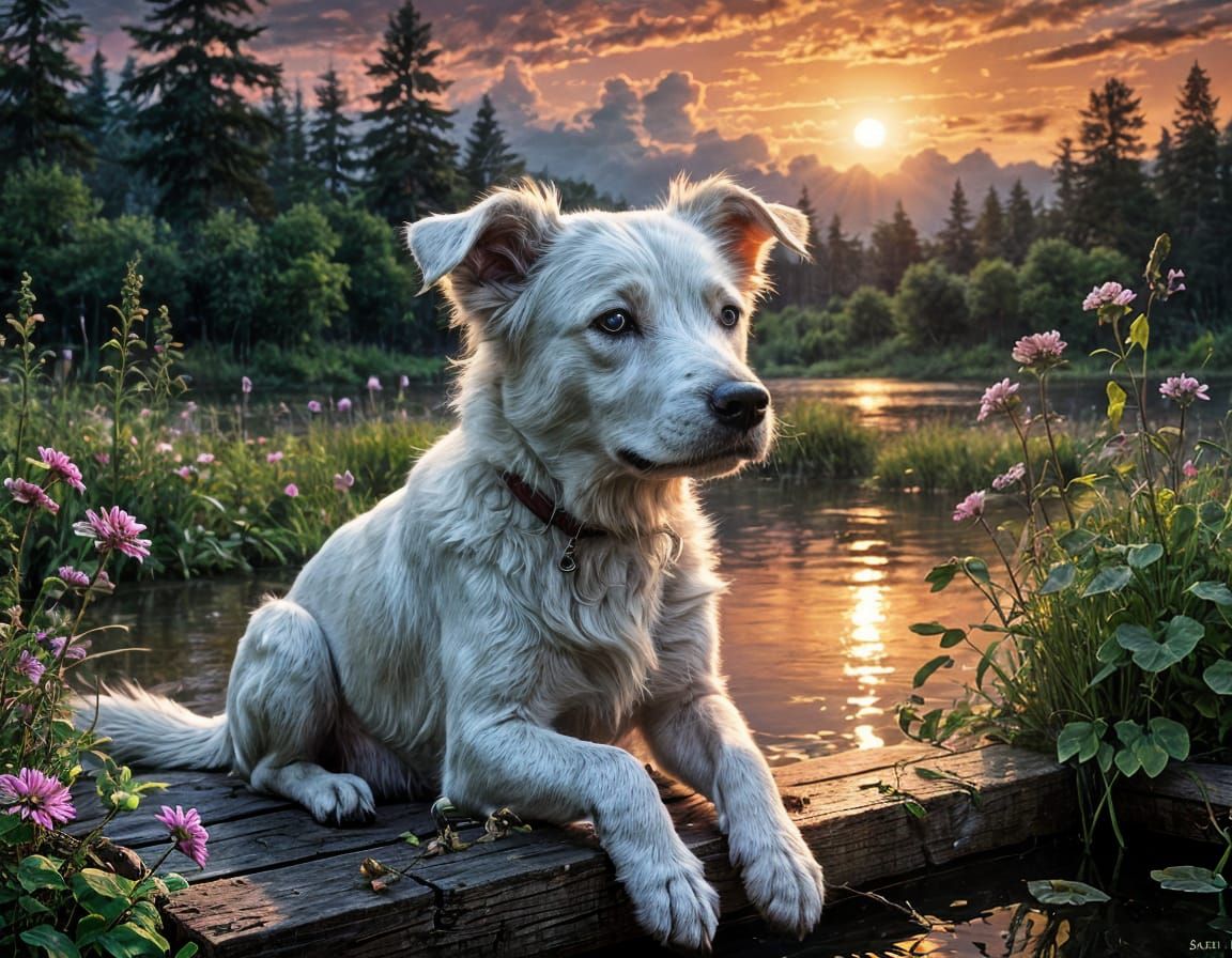 Stunning Sunset Over Swampy River with White Dog