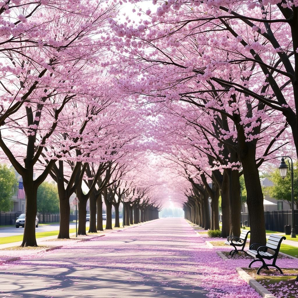Cherry Blossom Street with Sunlight and Pink Petals