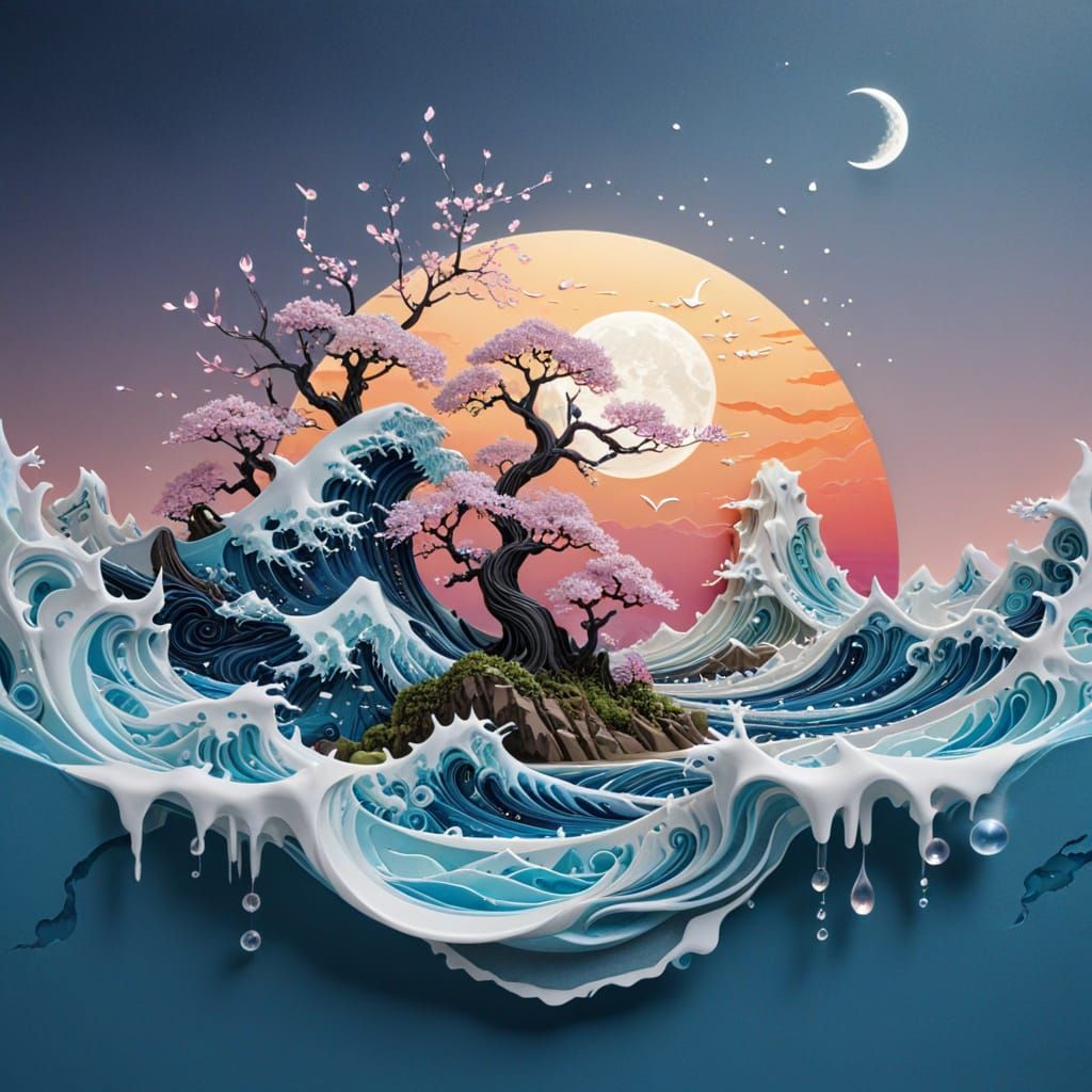 Frozen Nocturnal Fantasy Landscape with Bonsai Village