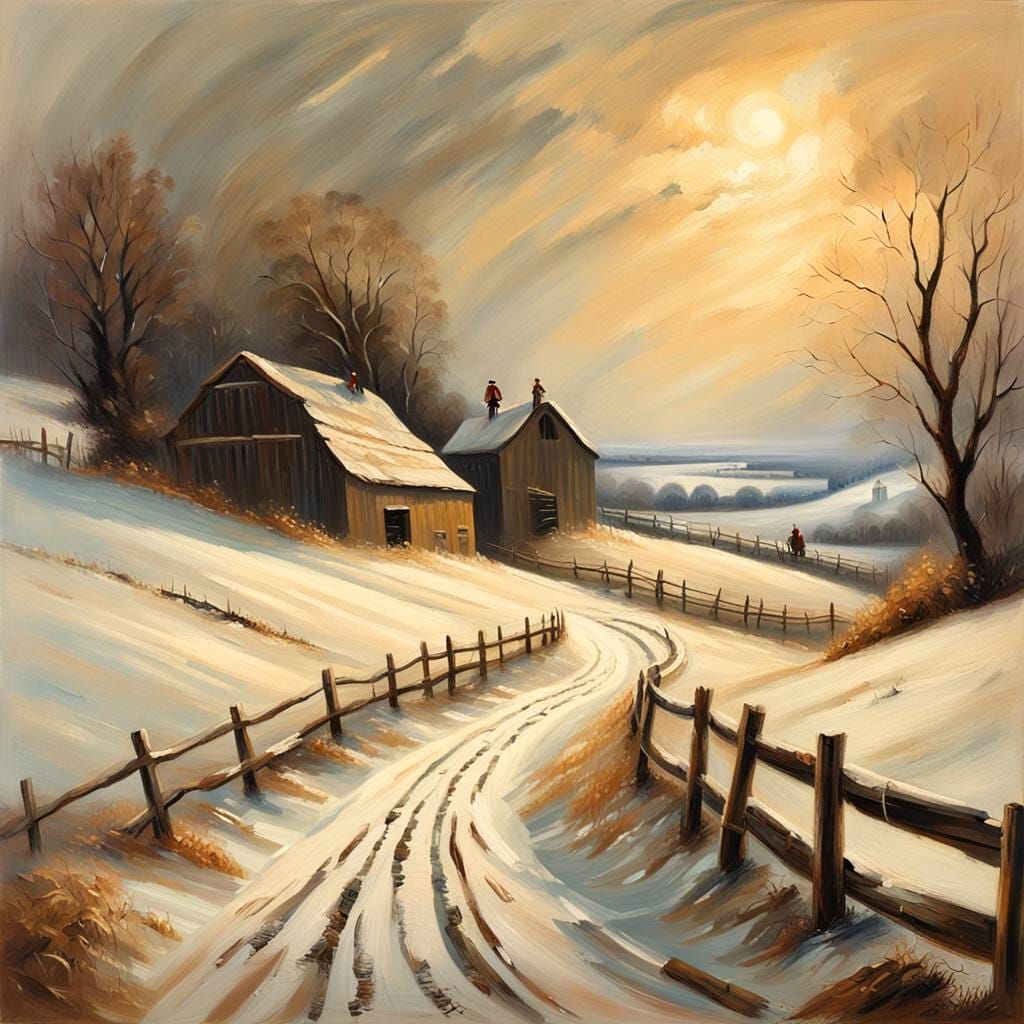 Snowy Lane to Dilapidated Barn: Fine Oil Painting