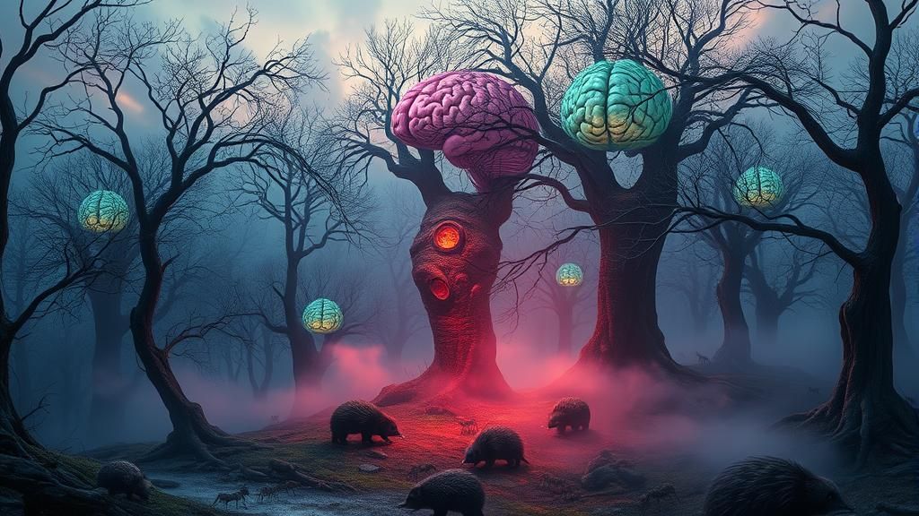 Mystical Brain Tree Forest at Dusk in Surreal Style
