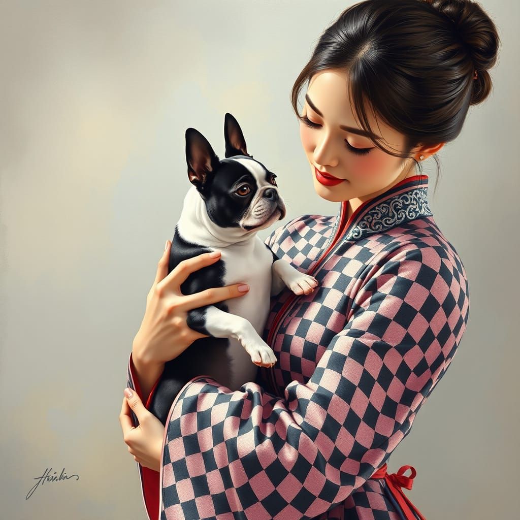 Korean Woman and Boston Terrier in Impressionist Style