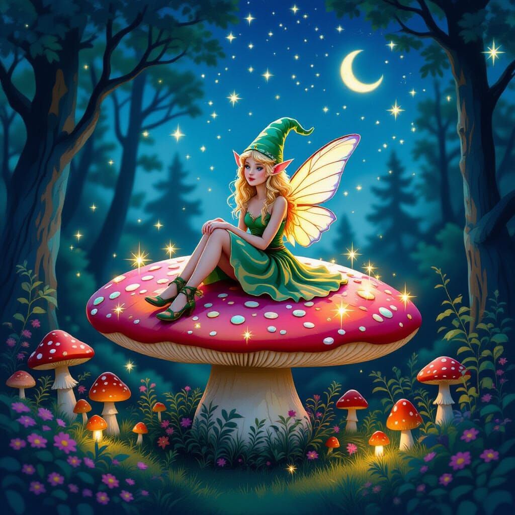 Enchanting Fairy on Neon Mushroom, Fantasy Art