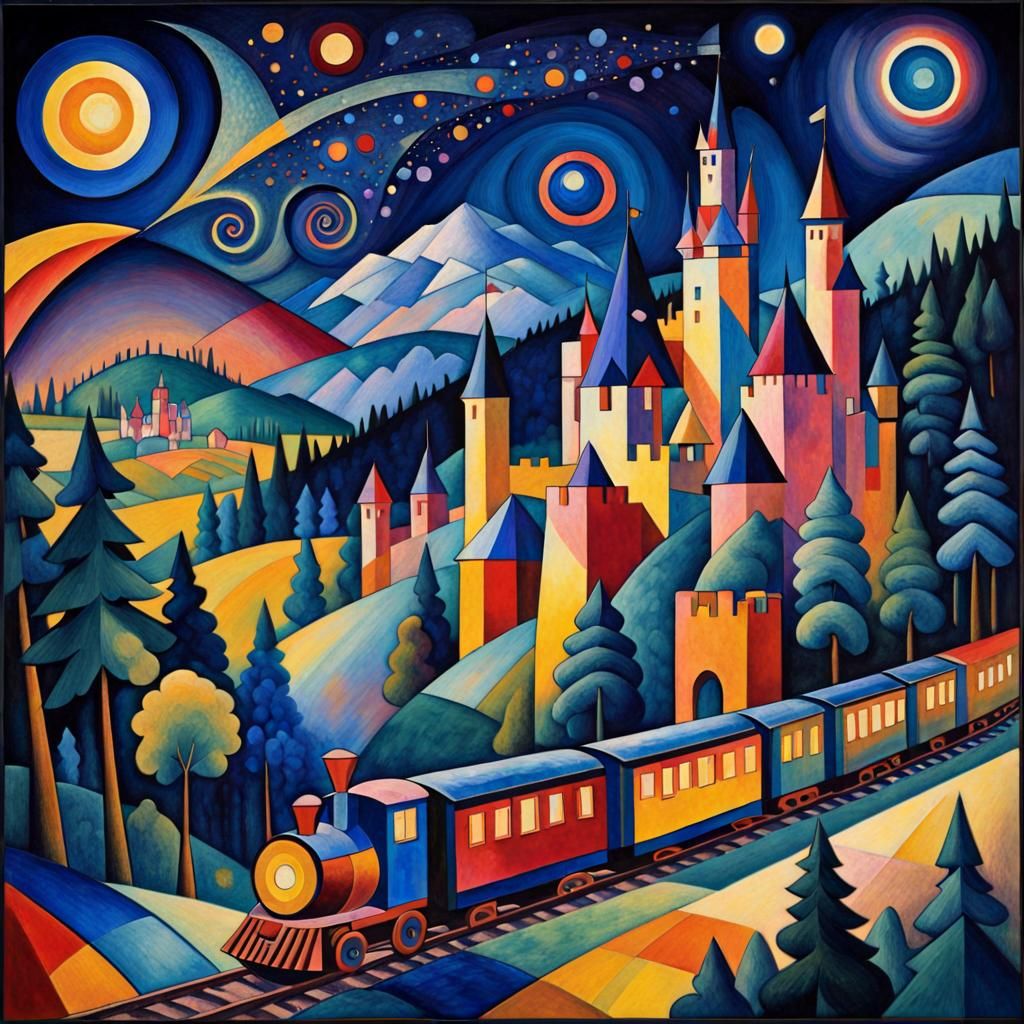 Murnau Train and Castle in Crystal Cubism Style