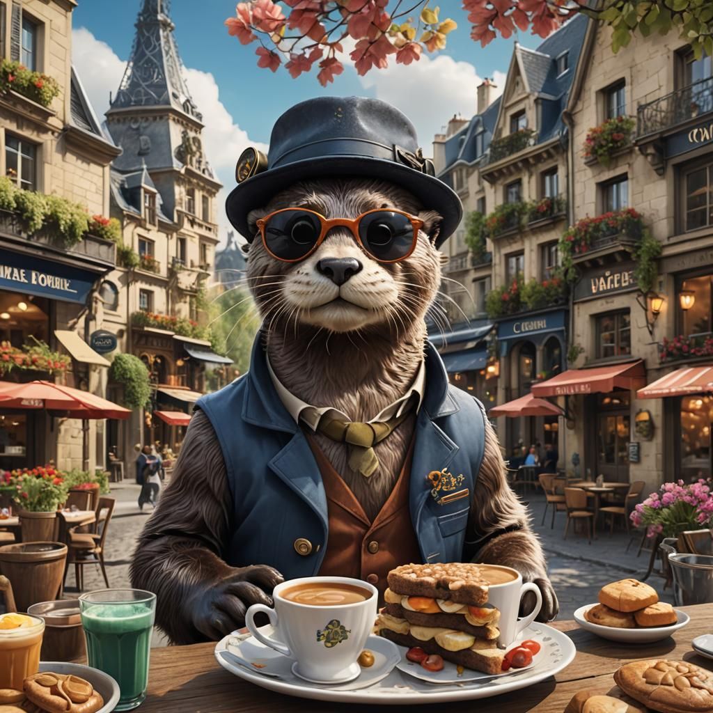 Otter in Paris Cafe: Detailed Matte Painting