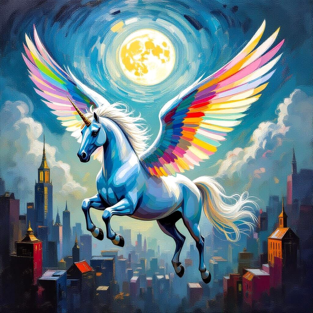 Rainbow Winged Pegasus in Impasto Oil Painting