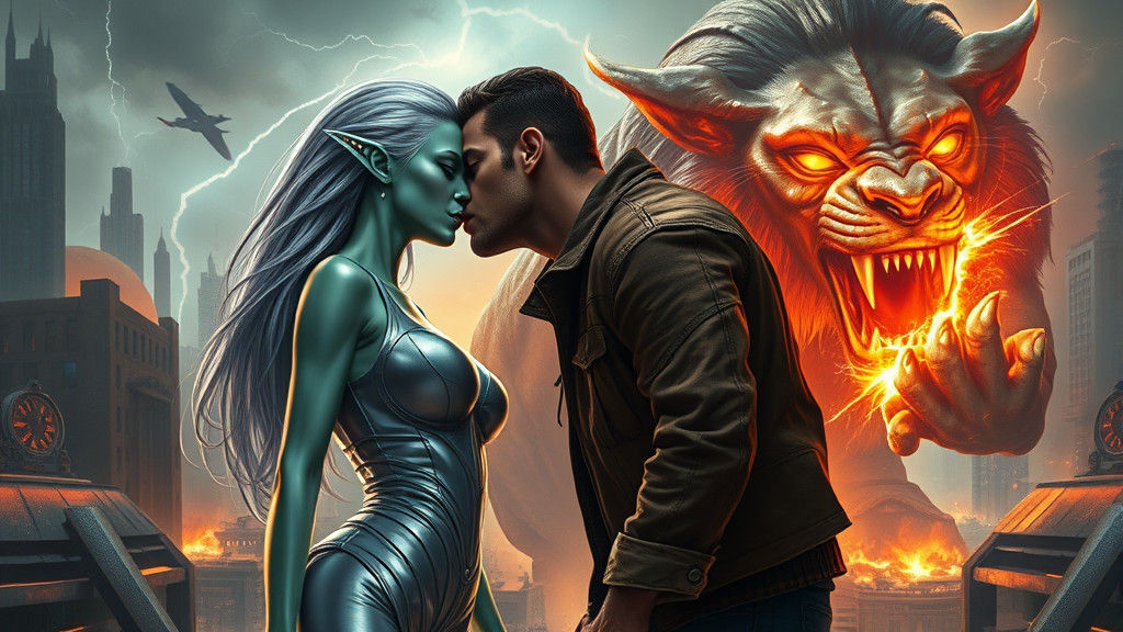 Passionate Kiss in War-Torn Cityscape with Alien Lion