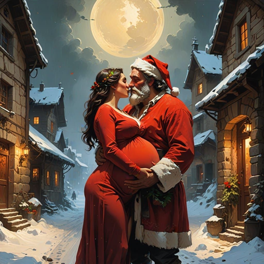 Santa Claus Kissing a Pregnant Woman in a Majestic Oil Paint...