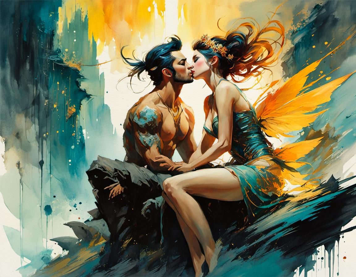 Impressionistic Watercolor: First Kiss of Love