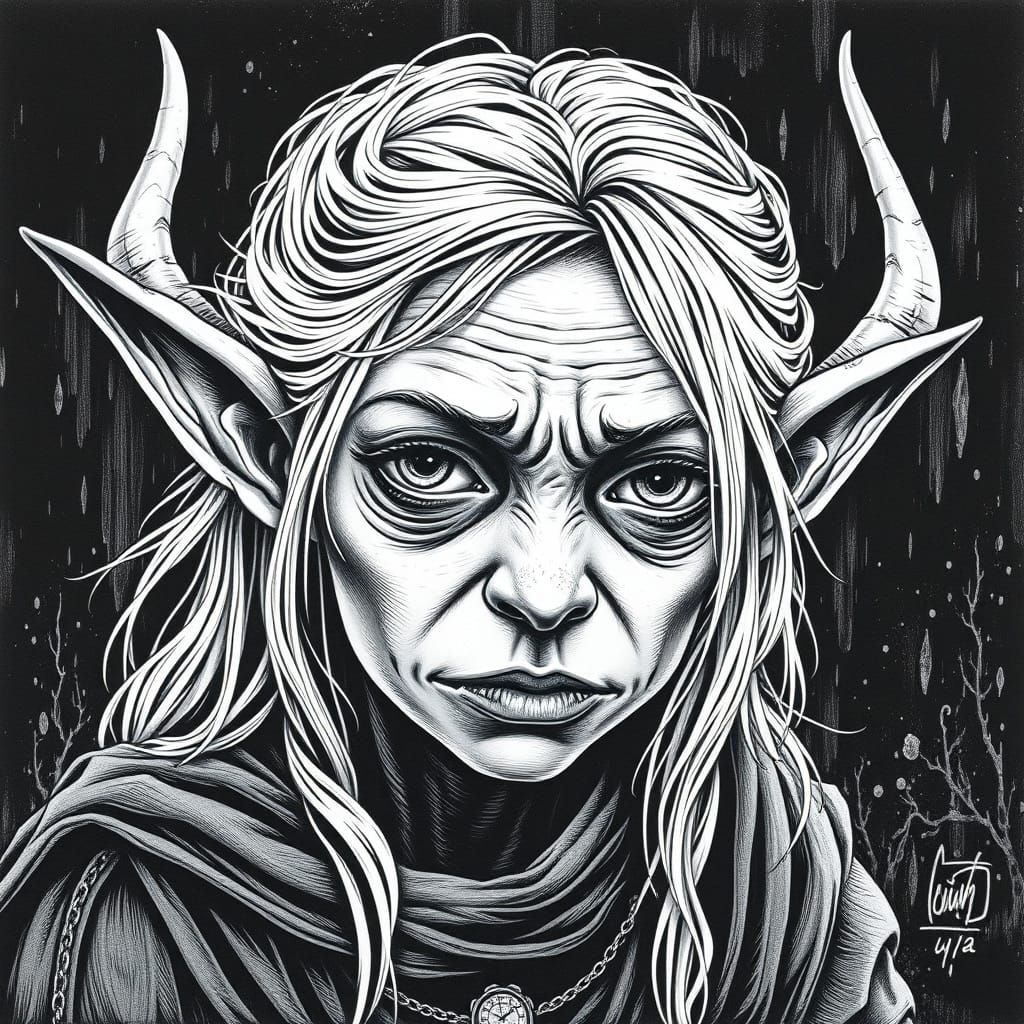 Elvish Girl in Detailed Woodcut Scene