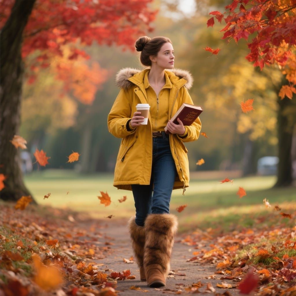 Princess Belle in Autumn Park with Falling Leaves