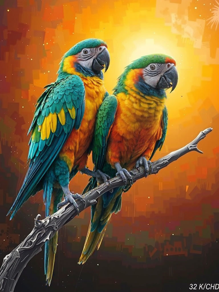 Vibrant Tropical Scene with Two Parrots Perched