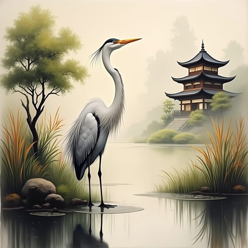 Elegant Egret in Serene Wetland Landscape