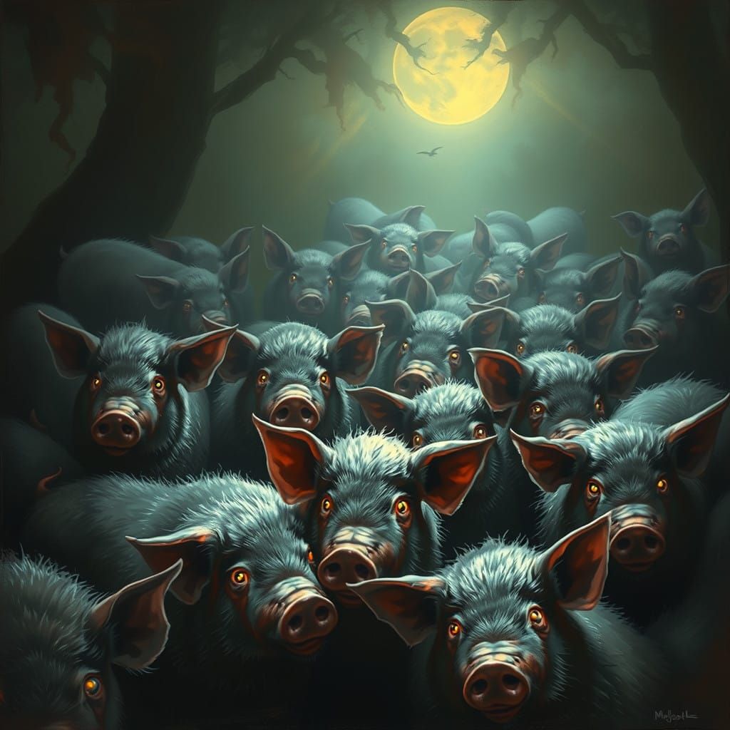 Mystical Pigs Gather in Dark, Eerie Landscape