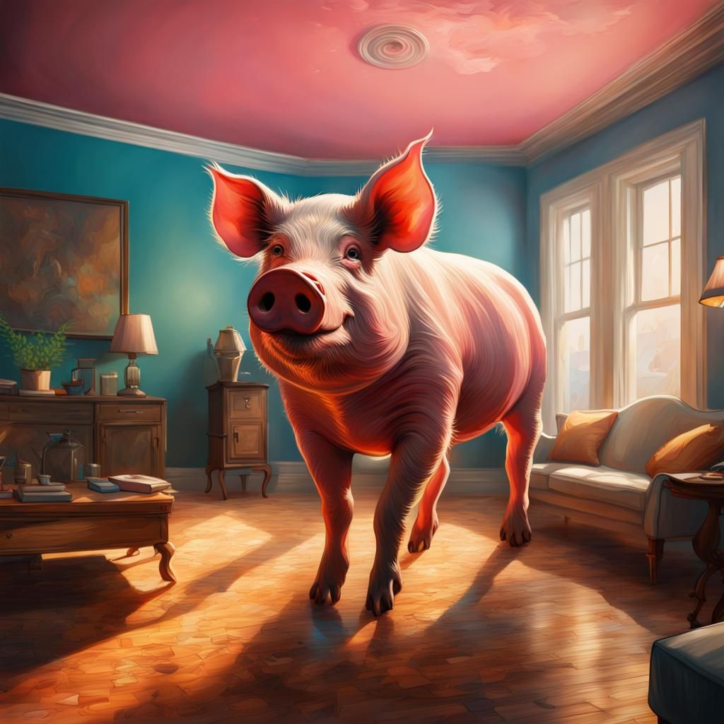 Giant Pig Walks on Ceiling: Hyperrealistic Splash Art