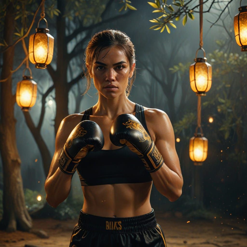 Vibrant Oil Painting of a Female Boxer in Golden Accents