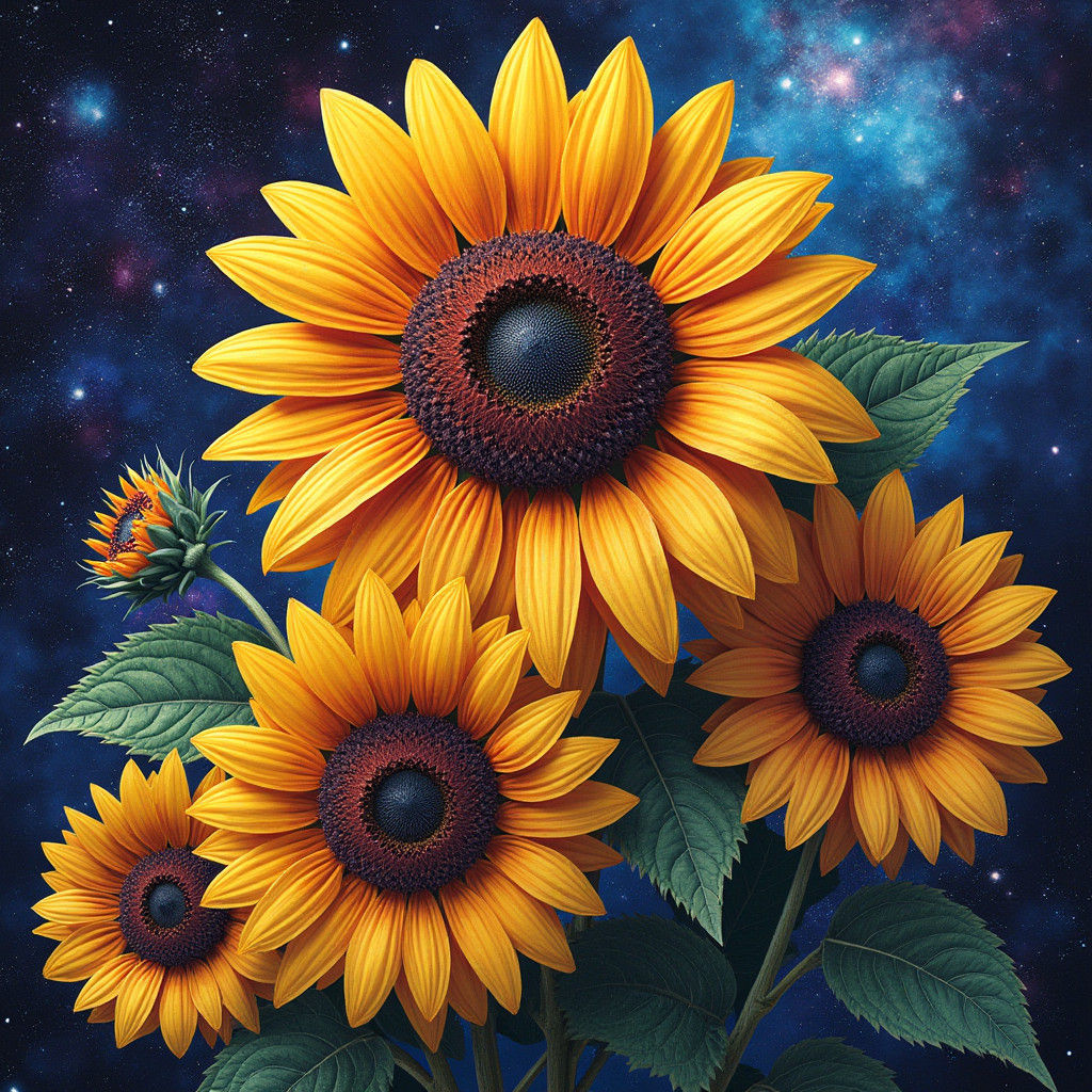 Astral Sunflowers Collage in Pablo Amaringo Style