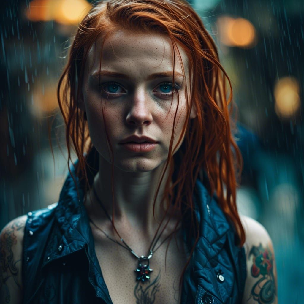 Sad Ginger Girl Portrait in Street Art Style