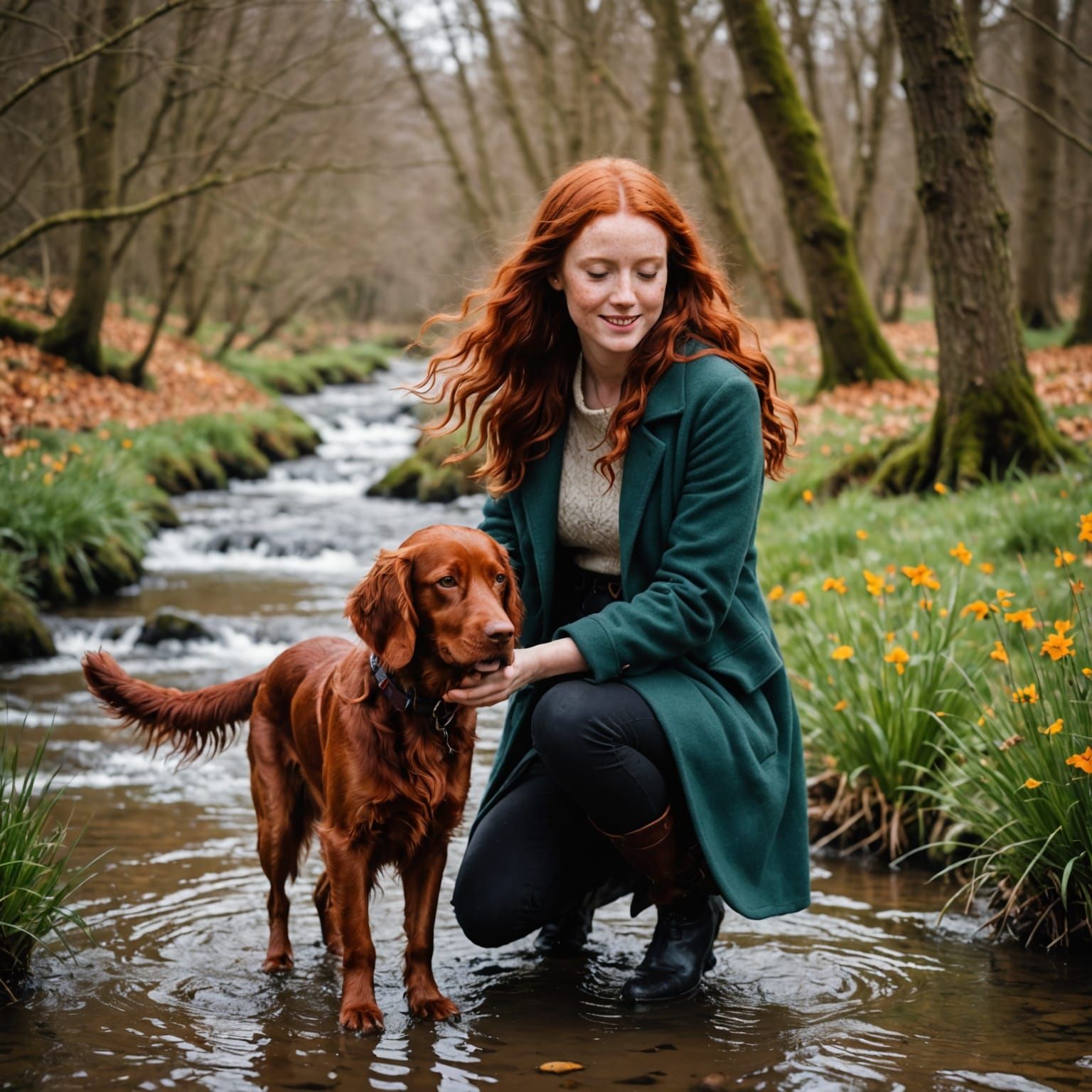 Girl with Flowing Red Hair and Red Setter Dog