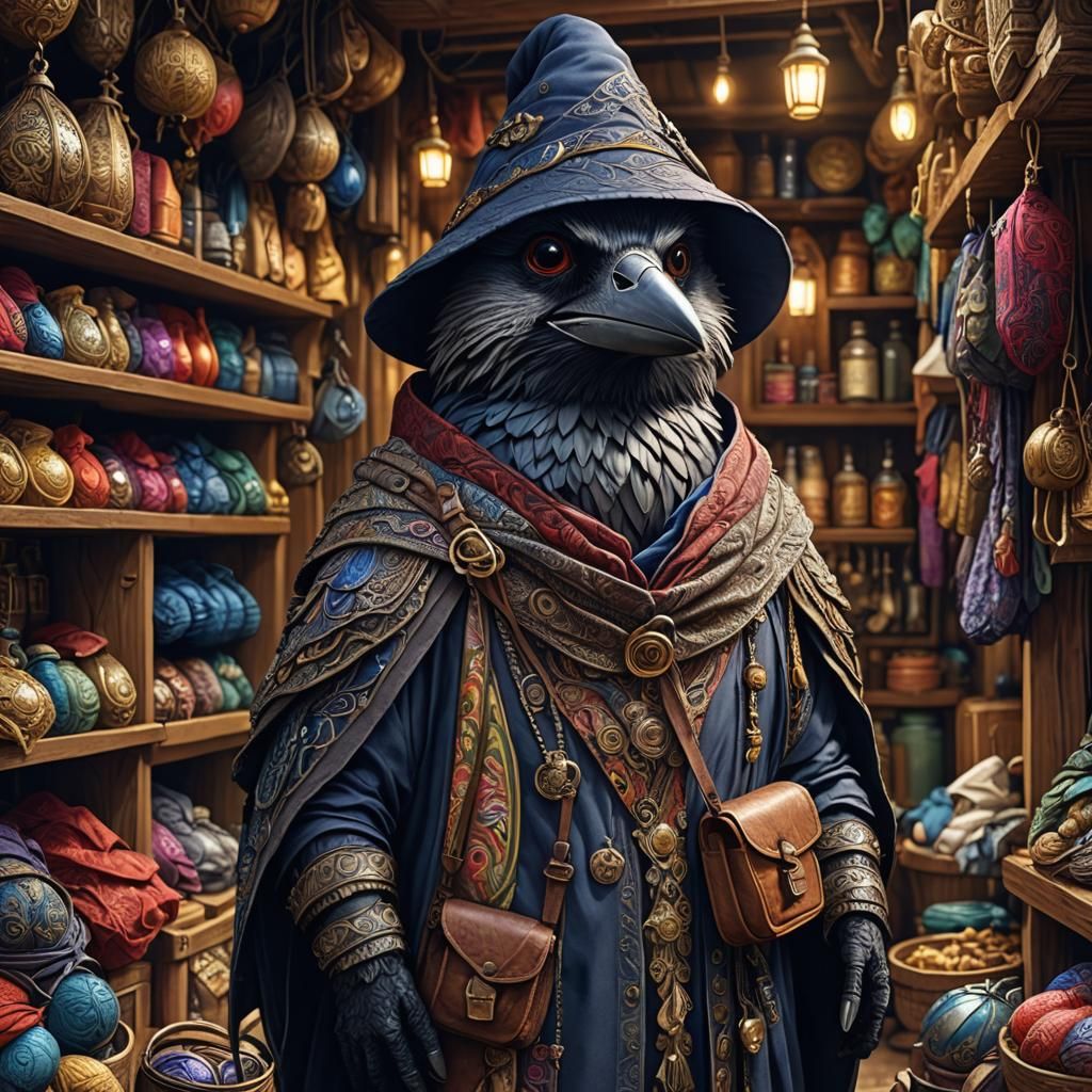 Adorable Kenku in Cluttered Shop: 3D Art Illustration