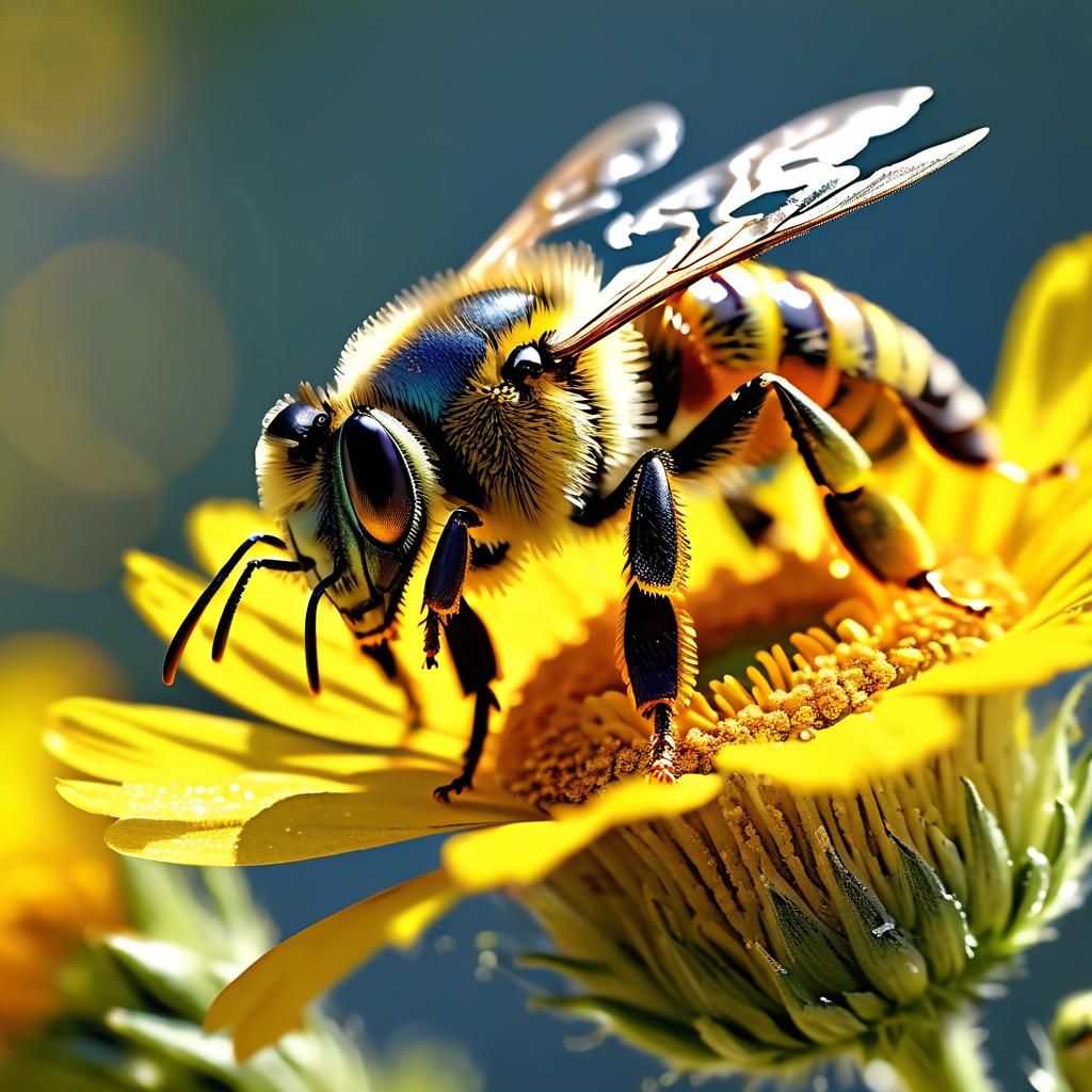 Royal Bee Over Flower Fields: Hyperrealistic Macro Photograp...