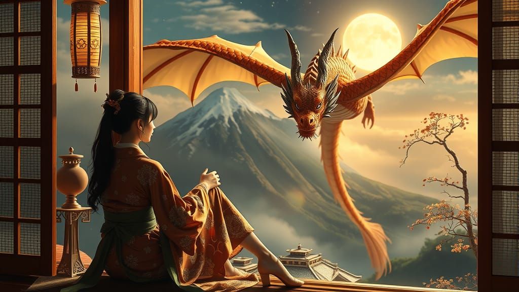 Ethereal Fantasy Scene with Japanese Dragon and Woman
