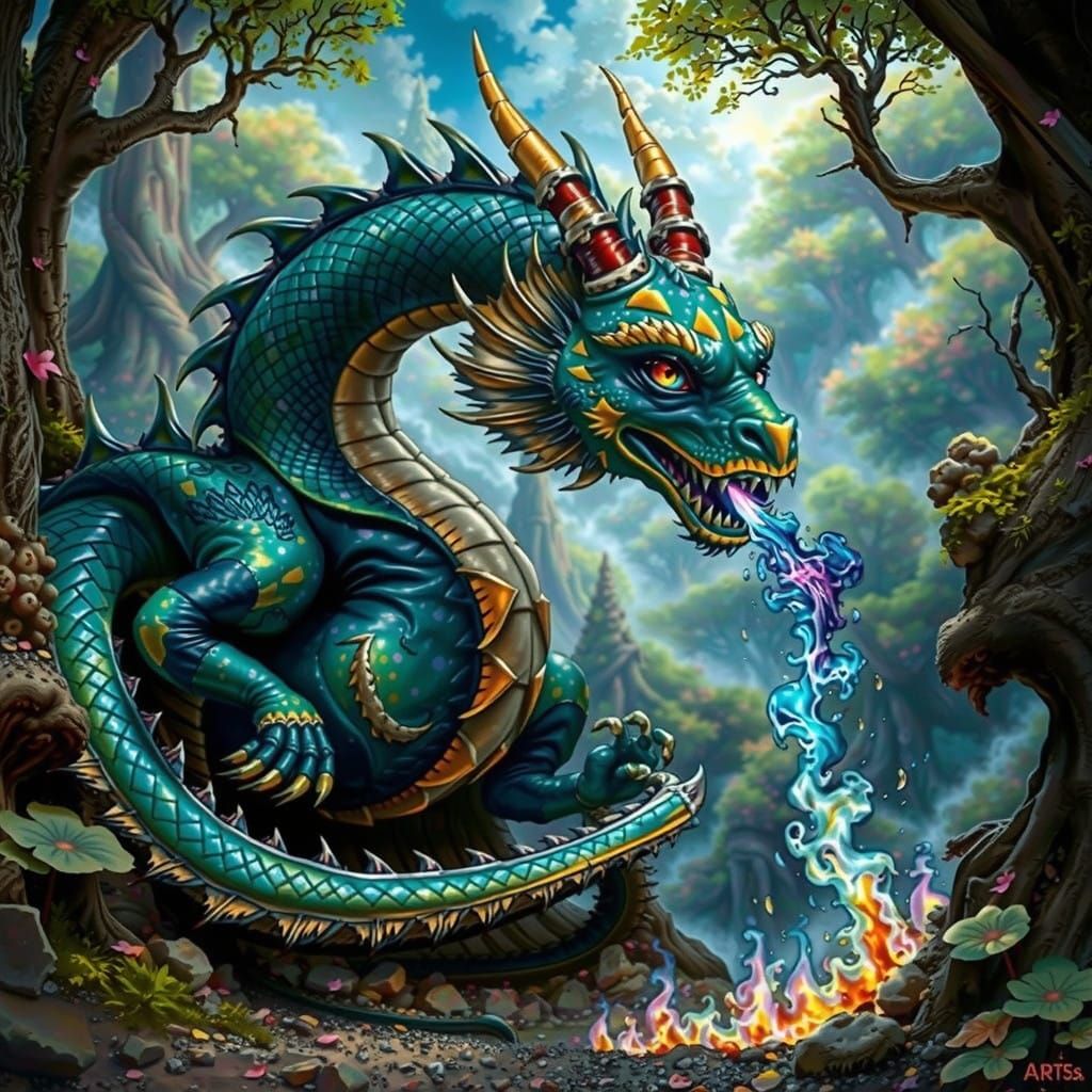 Dragon Unleashes Turquoise Inferno in Mysterious Forest