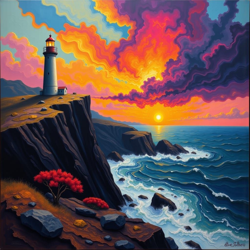 Surreal Lighthouse on Jagged Cliff at Sunset