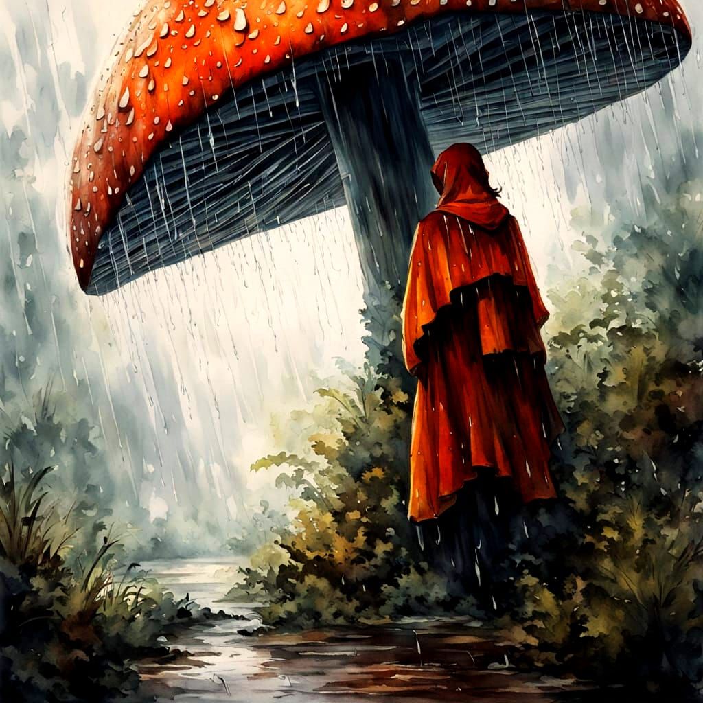 Woman Shelters Under Giant Mushroom in Heavy Rain