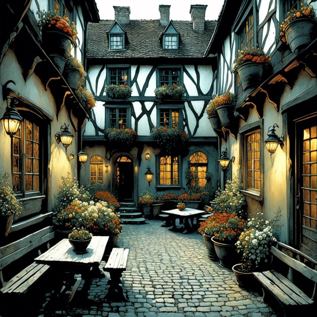 Enchanted German Courtyard with Flowers, Detailed Illustrati...