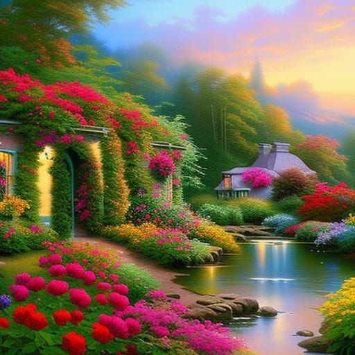 Roses in Cottage Garden: Hyperrealistic Kinkade-Inspired Pai...