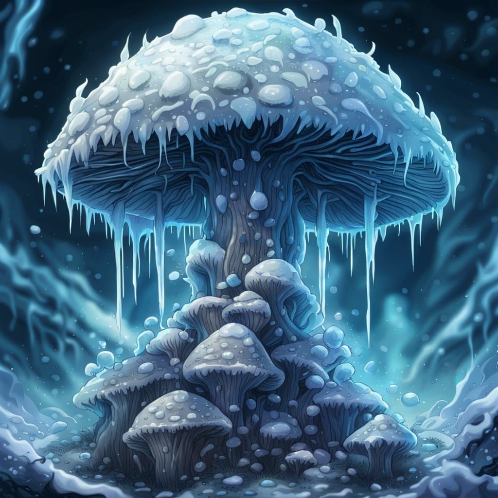 Intricate Ice Mushroom Digital Illustration in Anime Style