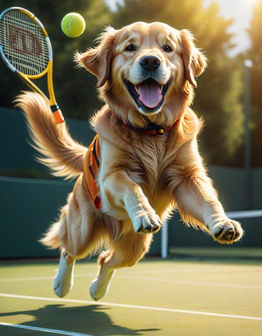 Golden Retriever Ace: Hyperrealistic Tennis Action