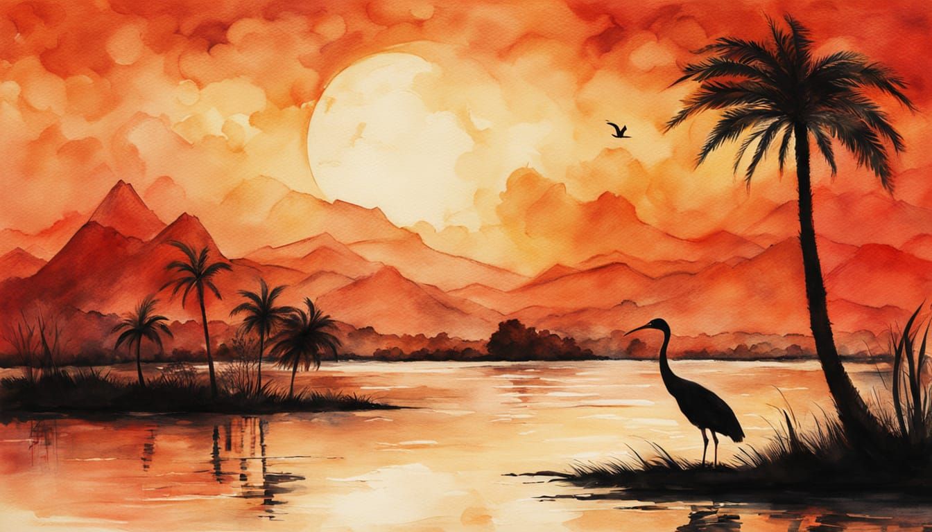 Ibis Silhouette Sunset over Sumeria: Watercolor Art