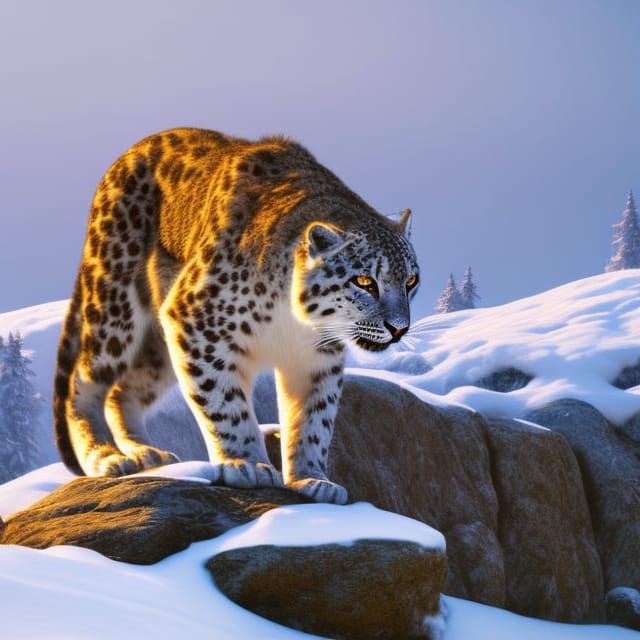 Majestic Snow Leopard in Rocky Landscape, Wildlife Painting