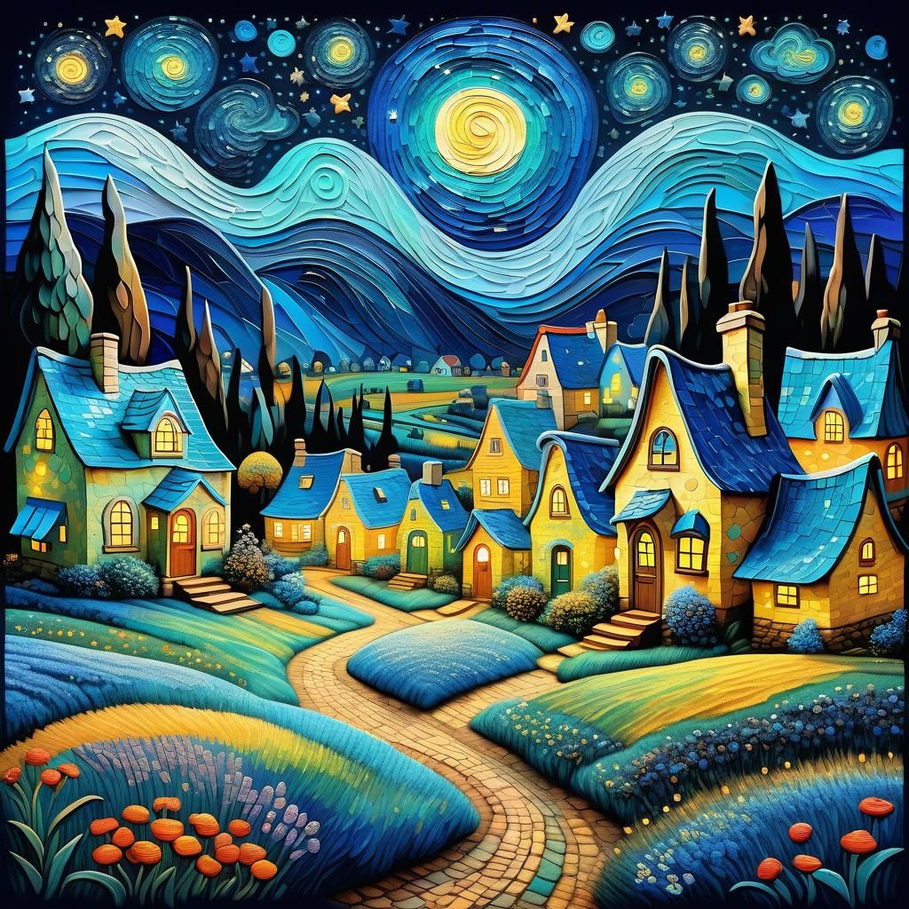 Smurfs village under Starry Night Sky Textured Paint Artwork