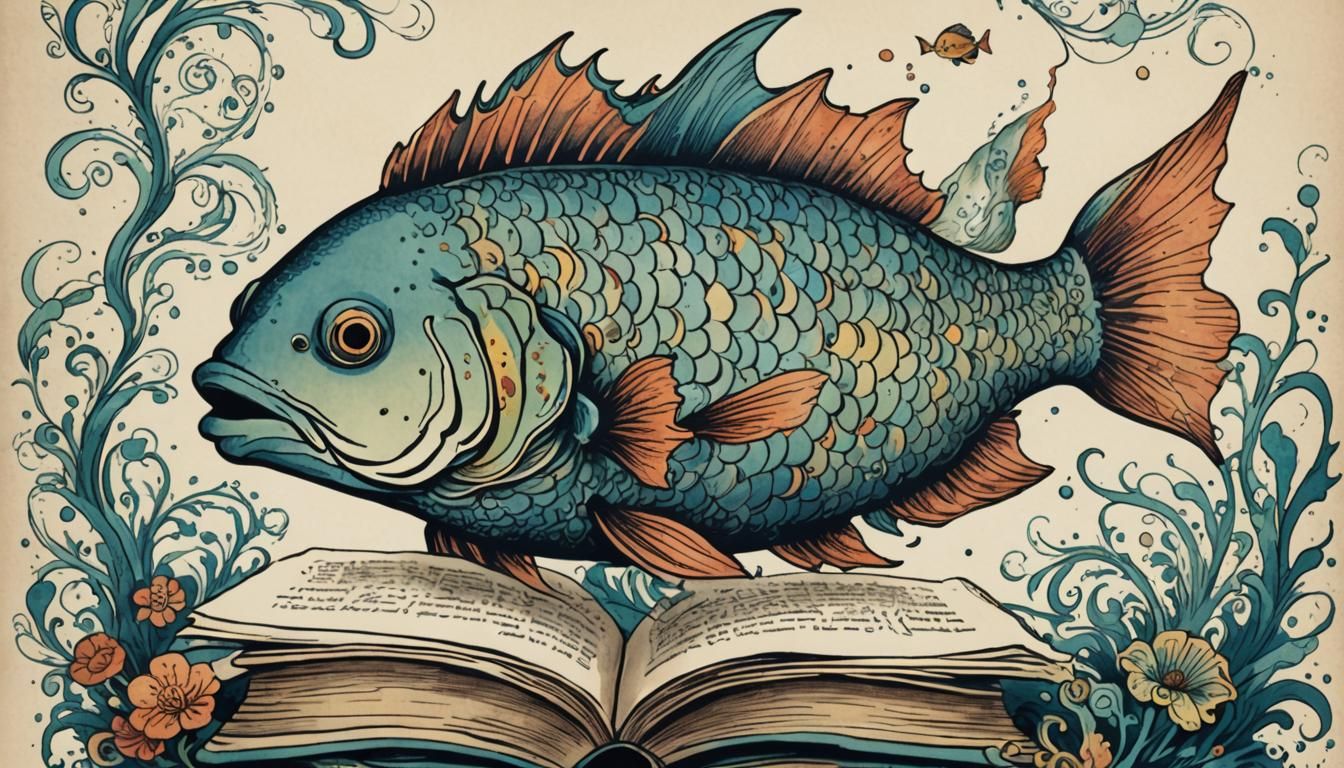 Whimsical Ink Poster of a Bookish Fish