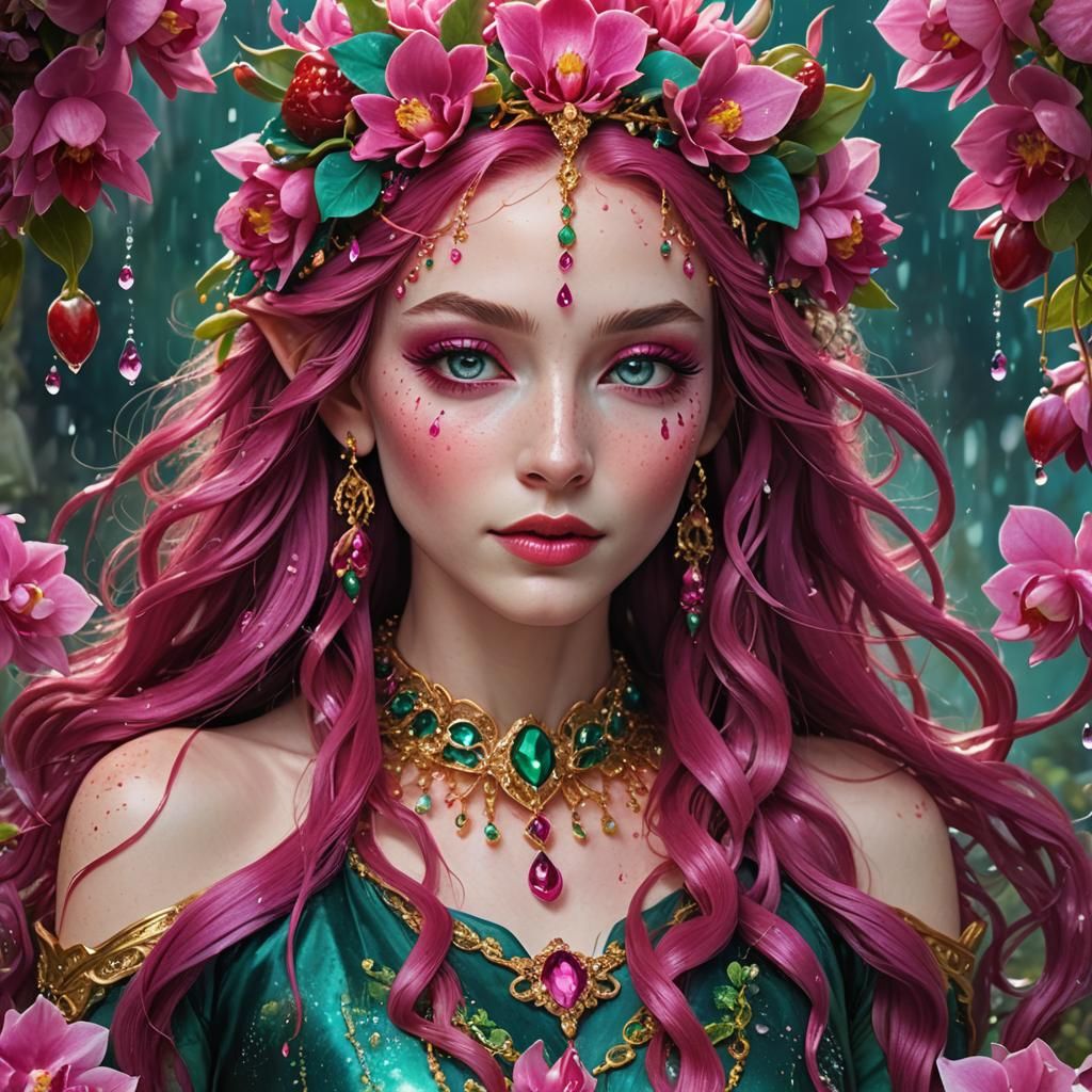 Elven Girl with Fuchsia Hair in Strawberry Field