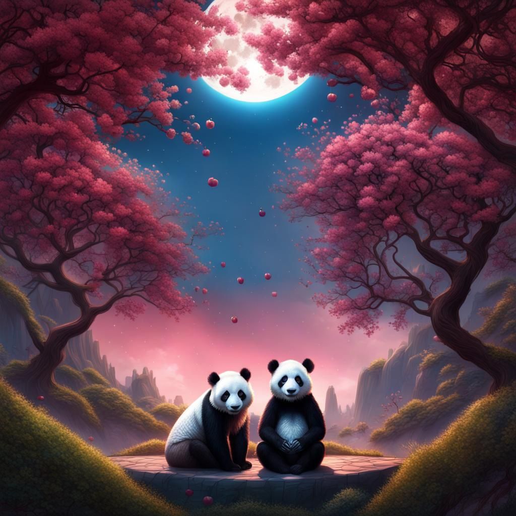 Giant Panda and Man Meditating Under Cherry Tree