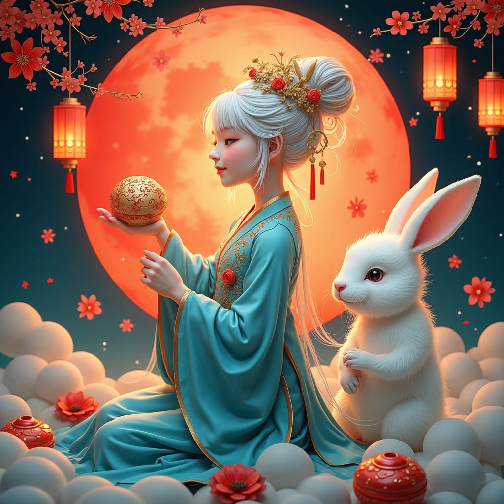 Fairy and Rabbit Preparing Mooncakes in Art Nouveau Style