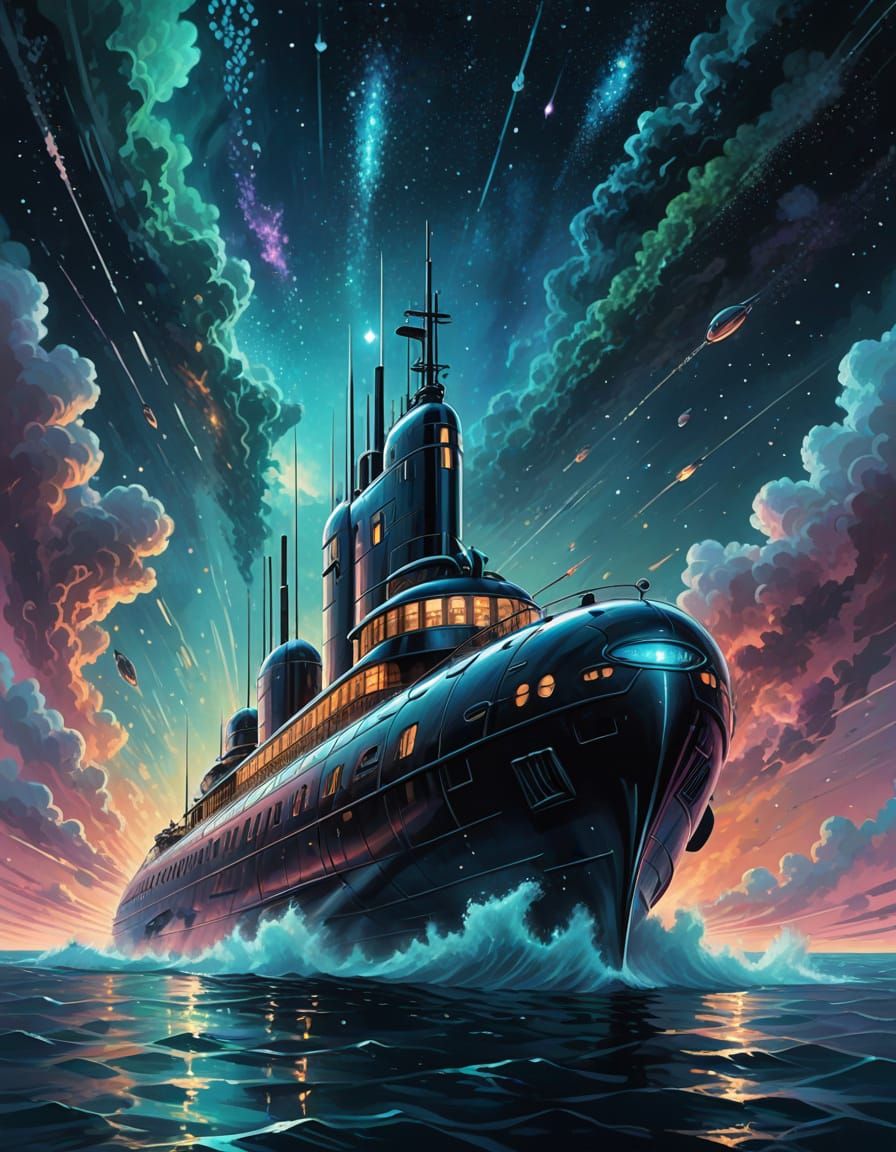 Nebula Submarine in Art Deco Urban Sketch Style