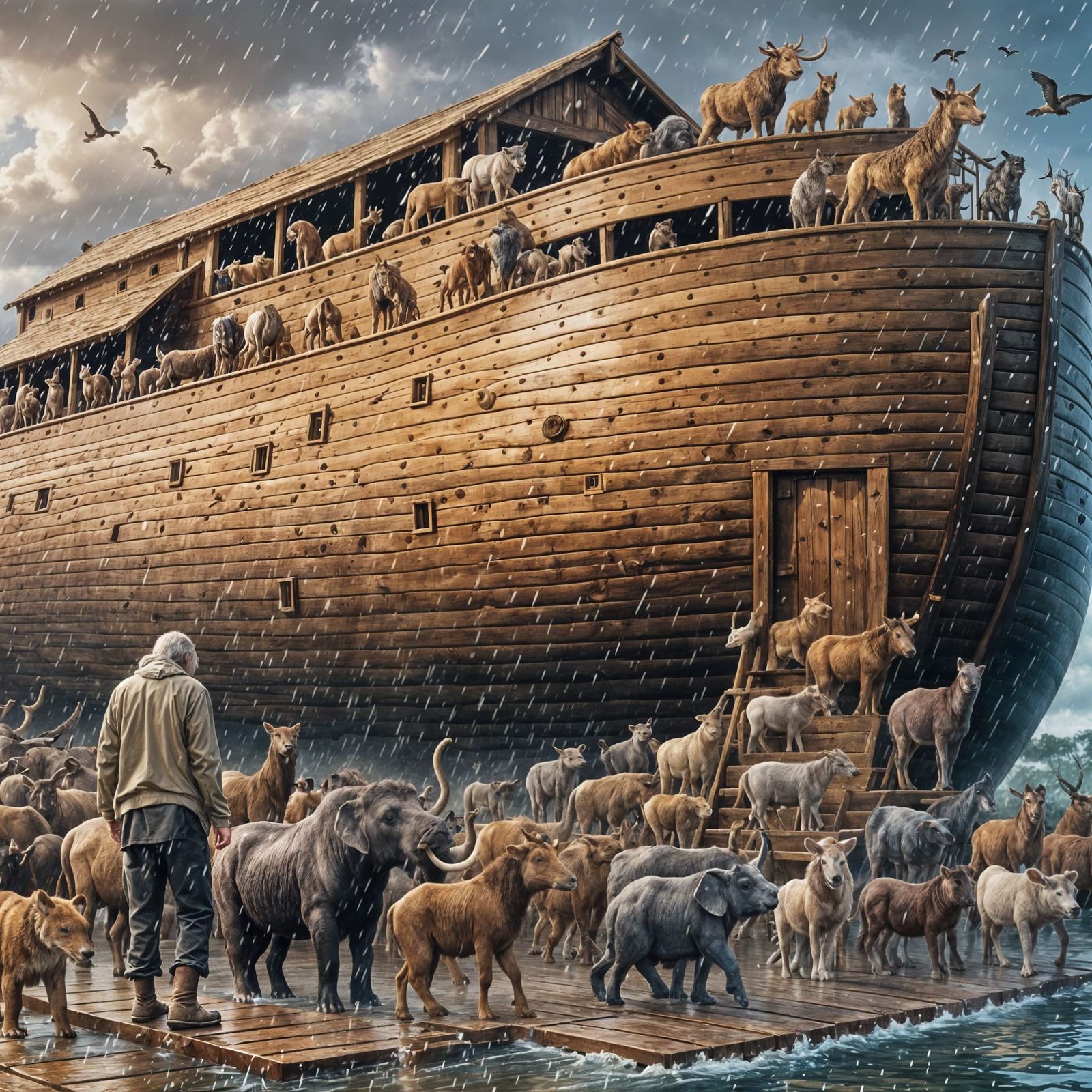 Animals Boarding Noah's Ark in Gentle Rain