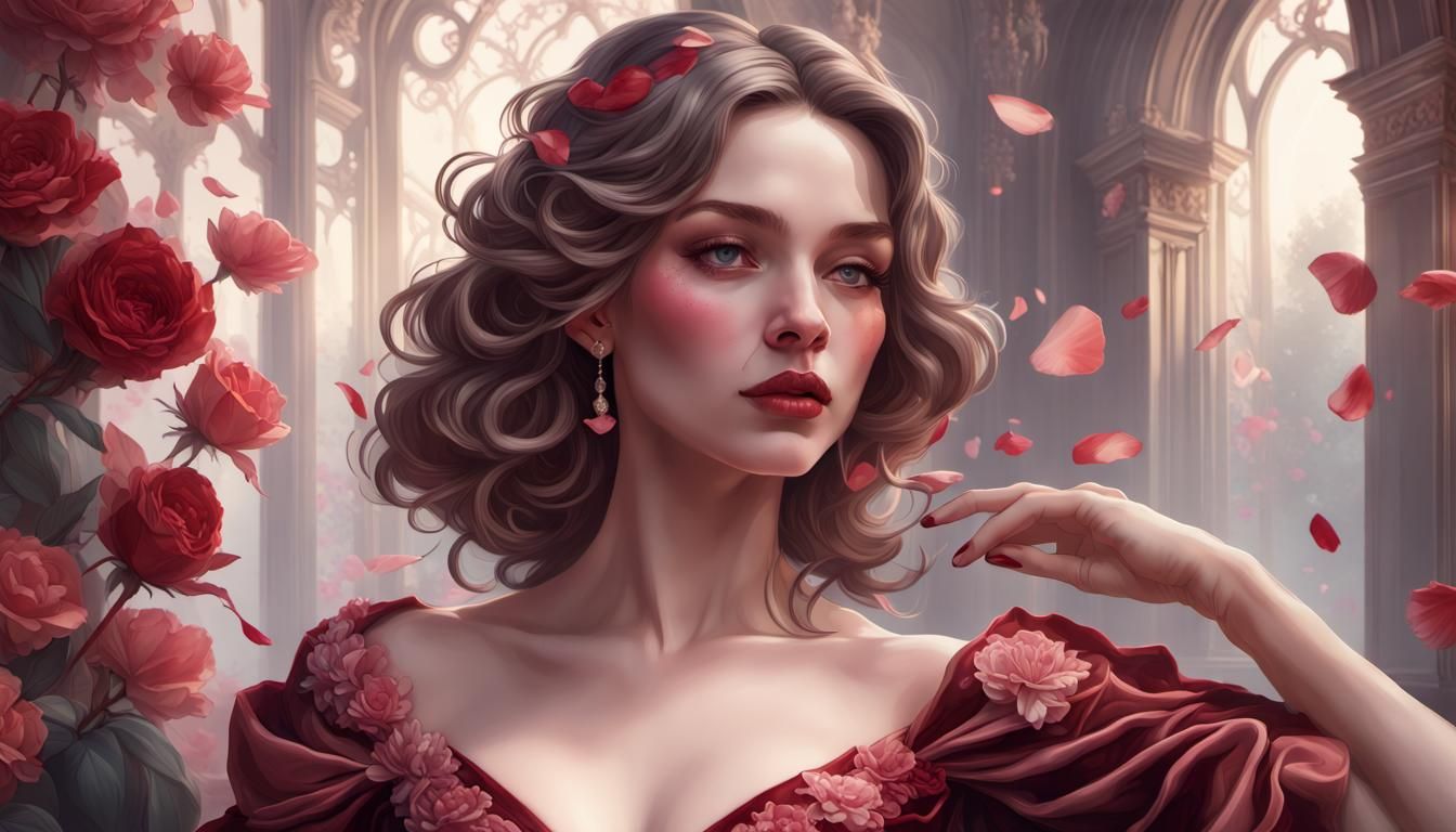 Woman in Rose Petal Ballgown: Hyperdetailed Portrait