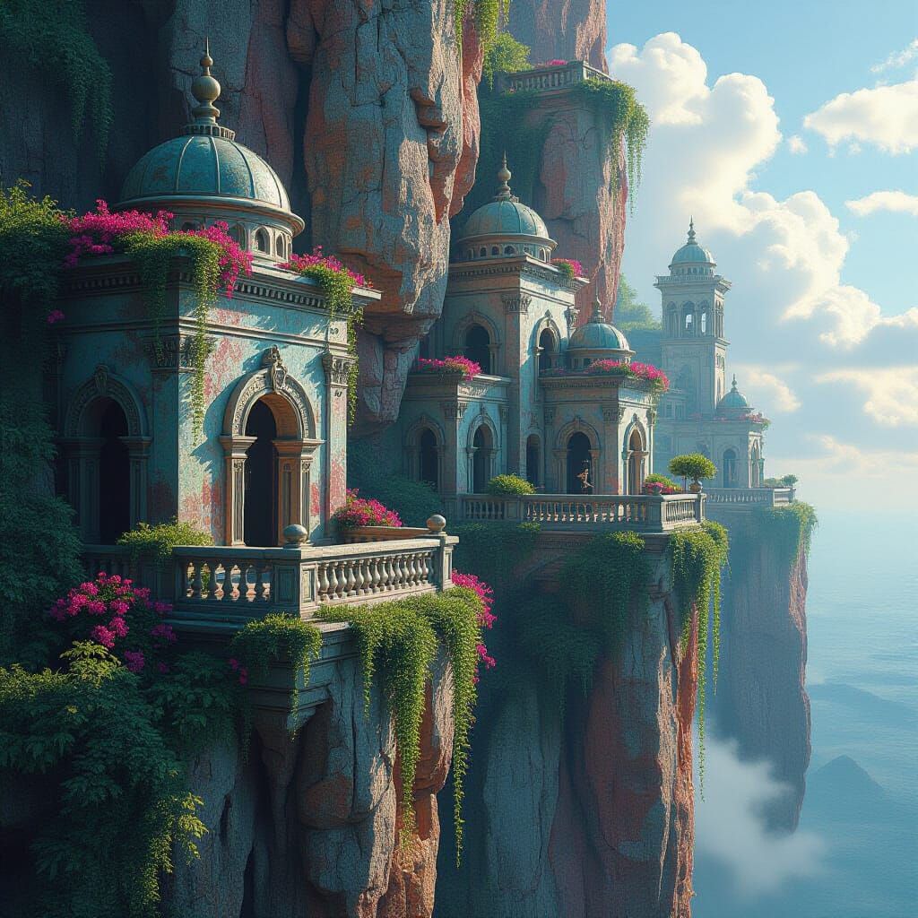 Surreal Palace on Cliffside with Magenta Flowers